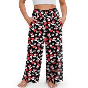 Pantalones de mujer de cintura alta y pierna ancha con estampado navideño, cintura elástica, pantalones largos informales con bolsillos - Product Image 1