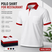 Polo blanc à col rouge pour homme, manches courtes, avec poche, uniforme de restaurant, logo brodé personnalisé, OEM ODM, marque privée