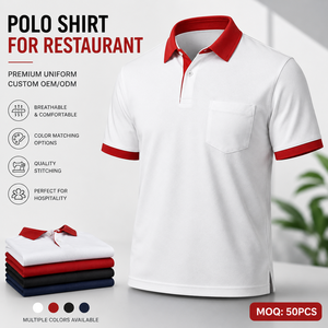 Polo blanc à col rouge pour homme, manches courtes, avec poche, uniforme de restaurant, logo brodé personnalisé, OEM ODM, marque privée - Product Image 1
