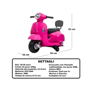 Mini Vespa Gts Rosa, Scooter Eléctrico de Tres Ruedas, 52 cm, Hecho en Italia, para Niños de 18 a 36 Meses, con Luces y Música - Product Image 3