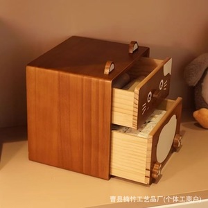 Solid Wood Desktop Jewelry Box Double Layer Drawer Cosmetic Storage Wooden <b>Cartoon</b> Organizer Pine Material Shandong Origin - Product Image 4