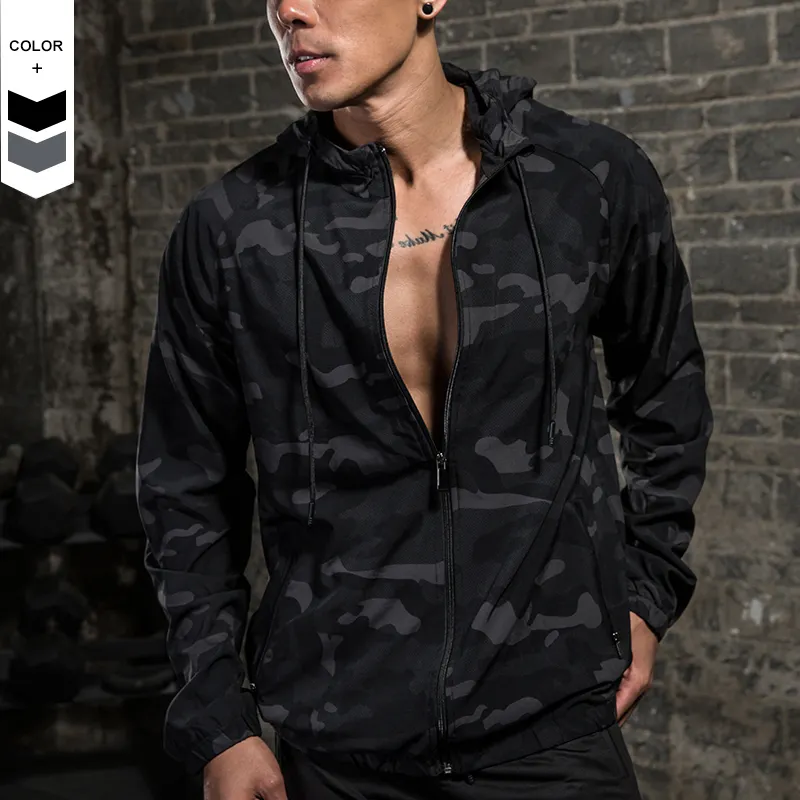 Dropshipping Mens Fitness Jacket With Hooded Full Zipper High Quality Custom Men Windbreaker Camouflage Gym Jackets For Men