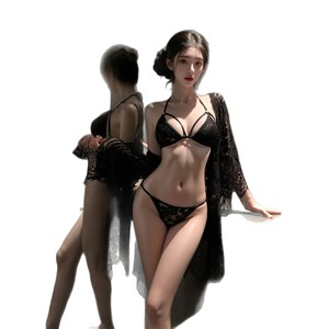 <b>Sexy</b> Three Point Lace Nightgown <b>Set</b> Black Sheer Women's Lingerie Costume 2 Pieces Polyester Fiber Cute Girl Style - Product Image 5