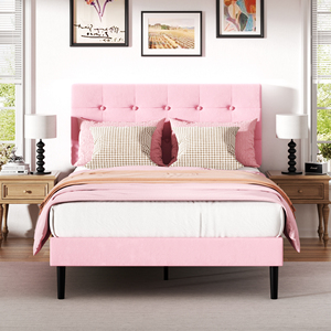 Cama Moderna con Plataforma Rosa, Mesitas de Noche a Juego y Juego de Ropa de Cama de Textura Suave para Decoración de Dormitorio Juvenil - Product Image 1
