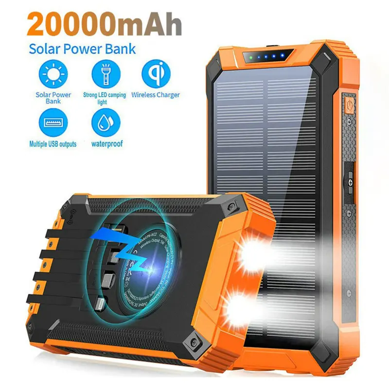2024 New Design Large Capacity 20000-50000mAh Portable Camping Outdoor Powerbank Waterpoof Solar Wireless Power Bank with Cables