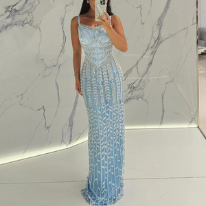 Dubai Spaghetti Straps <strong>Blue</strong> Luxury <strong>Blue</strong> Evening <strong>Dress</strong> for Women Arabic Long Occasion <strong>Dress</strong> Lsz124 - Product Image 1