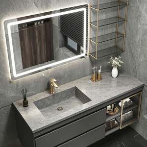 Wall-Mounted Wood Bathroom <b>Cabinet</b> | Black-Gray Design + Gold Accents | LED Mirror & Open <b>Storage</b> for <b>Small</b> Spaces - Product Image 3