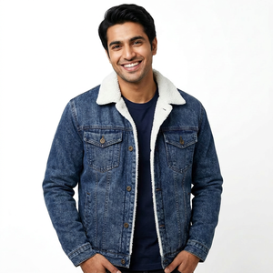 High Quality Men's <b>Denim</b> <b>Jacket</b> in Casual Style 100% Cotton Dark Blue Wash with Front Pockets Buttons Embroidery Decoration - Product Image 1