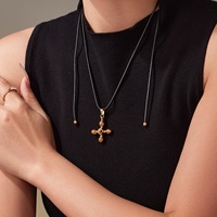 Pendentif Croix en Pierre Œil de Tigre Naturel Enigma Li, Longue Chaîne de Pull en Corde de Cuivre, Collier Unisexe Tendance Européenne et Américaine