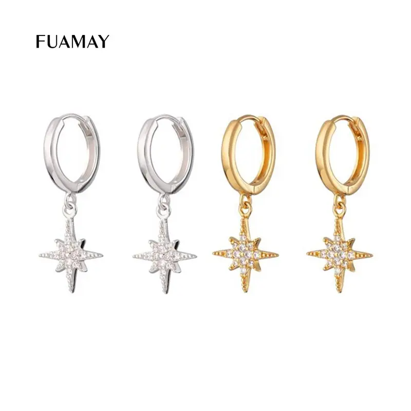 Brincos femininos fuamay, elegantes, estrela, prata 925, explosão estrelada, joias de argola femininas