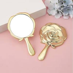 HQ Mixed Proc Discount Portable <b>Plastic</b> Gold Plating Rose Shaped Handheld Hand Mirror Travel Pocket Cosmetics Makeup Mirror - Product Image 1