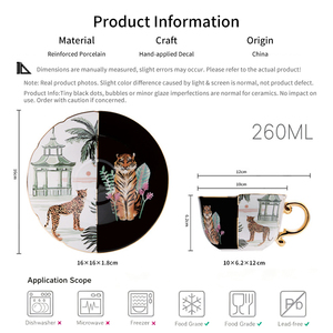 Tasse à café et soucoupe en céramique de style chinois - Poignée noire et or, motif tigre, forme irrégulière, vintage - Product Image 6
