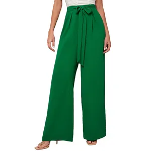 OEM Fashion Women's Spring Summer silky chiffon Pleated High Waist Belted Loose Wide leg long pants trousers