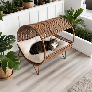 Großhandel Maßgefertigtes Bogenförmiges Rattan-Haustierbett Langlebiges Haustiermöbel Großhändler für Zoohandlungen und Hotels Muster Verfügbar - Product Image 1