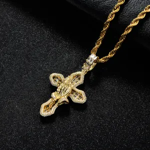 Religieux Chrétien Hip Hop Bijoux 14K Or Rempli 925 Argent Baguette CZ Zircon Prière Croix Pendentif Pour Hommes