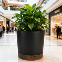 Pot de fleurs cylindrique en plastique PP bicolore bleu clair mat avec base imitation bois et trou de drainage pour la maison et le jardin