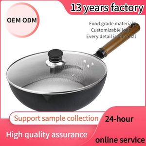 <span class=keywords><strong>Wok</strong></span> en <span class=keywords><strong>acier</strong></span> au <span class=keywords><strong>carbone</strong></span> de 32cm sans revêtement, poêle à frire forgée avec longue poignée d'oreille personnalisée et couvercle en verre trempé, meilleure vente - Product Image 3