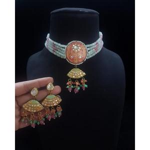 Ensemble de bijoux ethniques en pierre Kundan, bijoux de mode indiens, pour mariage, fête, longues boucles d'oreilles, collier ras du cou pour fiançailles - Product Image 1