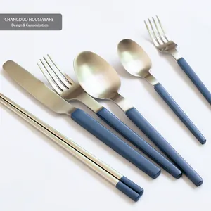 Blue design Customized logo stainless steel metal matte plated spoon knife fork flatware cutlery japan chopsticks Restaurant