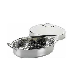 Sartén ovalada de metal de acero inoxidable con tapa y estante - Product Image 1