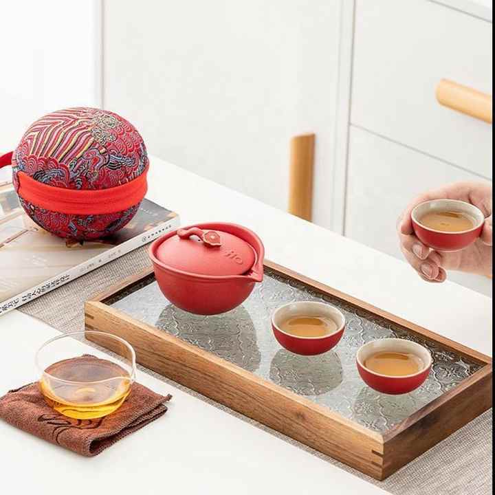 Portable All in One Gift Bag Outdoor Chinese Tea Pot Cup Set Travel Ceramic Tea Set Porcelain Teapot