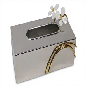 Boîte à mouchoirs en acier inoxydable décorative classique de luxe, faite à la main, avec une branche dorée à fleurs blanches, pour la maison, l'hôtel et les restaurants - Product Image 1