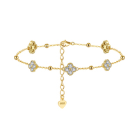 Prix de gros Bracelet en argent sterling S925 plaqué or 14K, avec perles trèfle et rondes interchangeables, micro-pavé de moissanite, fermoir homard trèfle