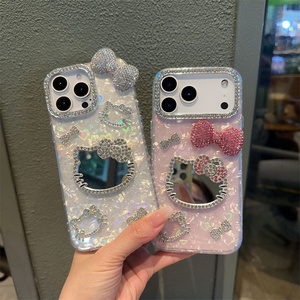 Cartoon Diamond KT Cat Bow Mobile Phone case for <b>iPhone</b> 17 Air 16 15 Pro Max 3D Mirror cute <b>Camera</b> Frame glass DIY back <b>Cover</b> - Product Image 6