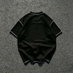 Camiseta Negra Oversize de Manga Corta para Hombre, Cuello Redondo, Ribete en Contraste, Estilo Urbano, Tejido de Punto - Product Image 1
