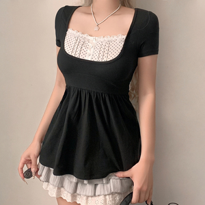T-shirt d'été mignon pour femme, écologique, à blocs de couleur, avec nœud sur le devant, col en U, coupe ample, manches courtes, style A-line - Product Image 6
