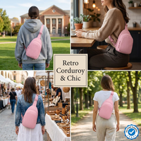 Bolso Bandolera Casual Diario Unisex de Pana Rosa Vintage Personalizado con Correa de Hombro Única Antirrobo y Cierre de Doble Cremallera
