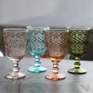 Vasos de vidrio con tallo para bebidas de colores Vintage, diseño en relieve, cristalería, copa de vino para agua, jugo, vino