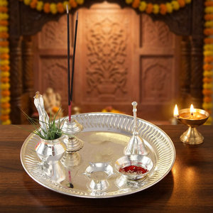 Ensemble de Thali Pooja en acier inoxydable de qualité supérieure pour les rituels traditionnels Ensemble de Thali Pooja en acier inoxydable décoratif parfait pour le culte - Product Image 6