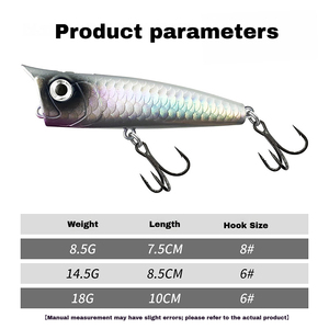 Leurre flottant popper 75mm 85mm 100mm, longue portée, appât dur, revêtement laser, pêche en mer, hameçons triples - Product Image 5