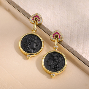 เครื่องประดับเหรียญโรมันโบราณเงินแท้ S925, จี้ห้อยยาวและต่างหูรูปหัวใจเหรียญคู่, สไตล์เรโทรสุดหรูสำหรับผู้หญิง, ขายส่ง - Product Image 2