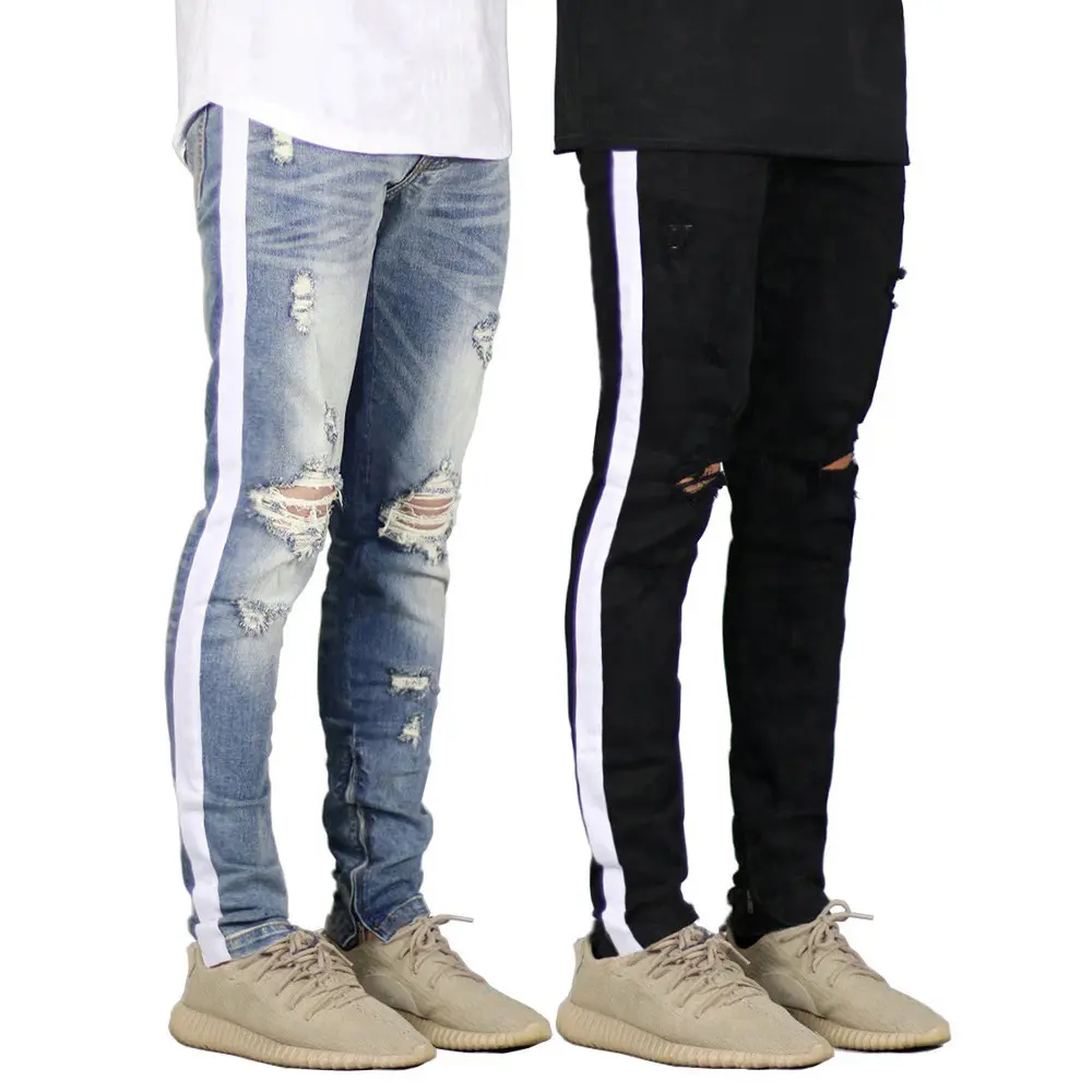 Wholesale Trendy Personality Slim Thin White Stripe Split Stretch Jeans For Men