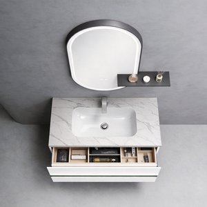 Conjunto de Mueble de Baño con <span class=keywords><strong>Lavabo</strong></span> Integrado sin Juntas, Estilo Crema, con Encimera de Piedra Blanca - Product Image 5