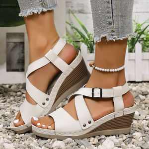 Women Summer European and American Style Wedge Sandals Hollow Thick Sole Platform Cross Strap Roman Sandals - Product Image 3