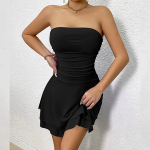 เดรสทรงบอดี้คอนแขนยาวสำหรับผู้หญิง สไตล์ลำลองช่วงฤดูร้อน เอวธรรมชาติ ทรงเข้ารูป กระโปรงสั้นสีพื้นแบบจีบ - Product Image 3