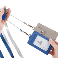 Dompet kulit Pu, dompet kulit Pu, tempat kartu ID bisnis, dengan tali leher, kalung Lanyard
