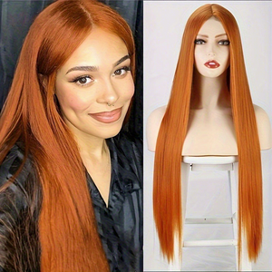 Peluca sintética de encaje frontal con cabello largo y liso para mujer europea y americana, resistente al calor, con raya al medio, estilo natural. - Product Image 1