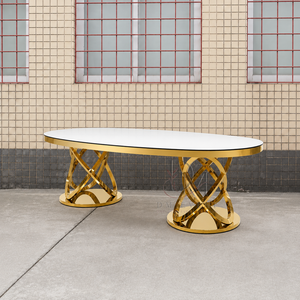 Table de banquet ovale de luxe en acier inoxydable avec plateau miroir et base de piédestal entrelacée pour événements de mariage (vente en gros) - Product Image 3