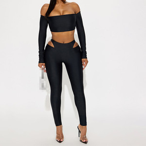 Off <strong>the</strong> Shoulder Hollow <strong>Out</strong> Hole Sexy Bodycon Casual <strong>Fall</strong> 2 Piece Pants Set Skinny Pants Suit Women Two Piece Set Clothing - Product Image 2