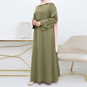 Nouvelle jupe en satin pour femmes musulmanes, <span class=keywords><strong>djellaba</strong></span>, couleur unie simple, col rond ample, ceinture, taille plus, manches longues - Product Image 4