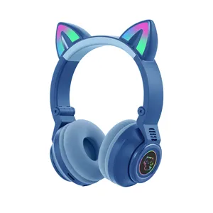 YUSONIC Wireless Headset Cat Ear LED Light Up Bluetooths Foldable Headphones Over Ear Microphone Cordless Headset For Girl Kids
