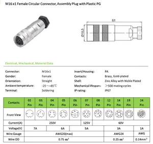 M16 IP67 connecteur M5 M8 M12 M16 étanche métal mâle et femelle 8 broches 2 3 4 5 6 8 12