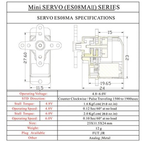 Micro-servo analogique EMAX ES08MAII 12g, engrenages entièrement métalliques, couple de 1,8 kg.cm, vitesse élevée de 0,12s pour pièces <span class=keywords><strong>d</strong></span>'<span class=keywords><strong>avion</strong></span> RC à voilure fixe et multirotor - Product Image 6