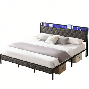Cadre de lit en métal Db King avec station de charge LED, tête de lit rembourrée, rangement, mobilier de chambre moderne - Product Image 1