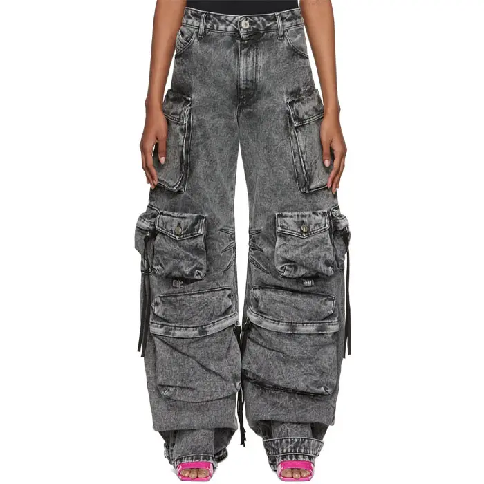 Streetwear gray faded non-stretch denim cargo pants zip fly five pockets styling multi pockets plus size stacked jeans