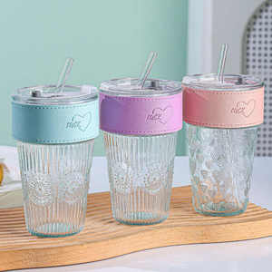 Vaso de cristal económico con pajita y tapa, de diseño elegante, para café, botella de <span class=keywords><strong>agua</strong></span> para oficina, venta al por mayor de fabricantes - Product Image 3